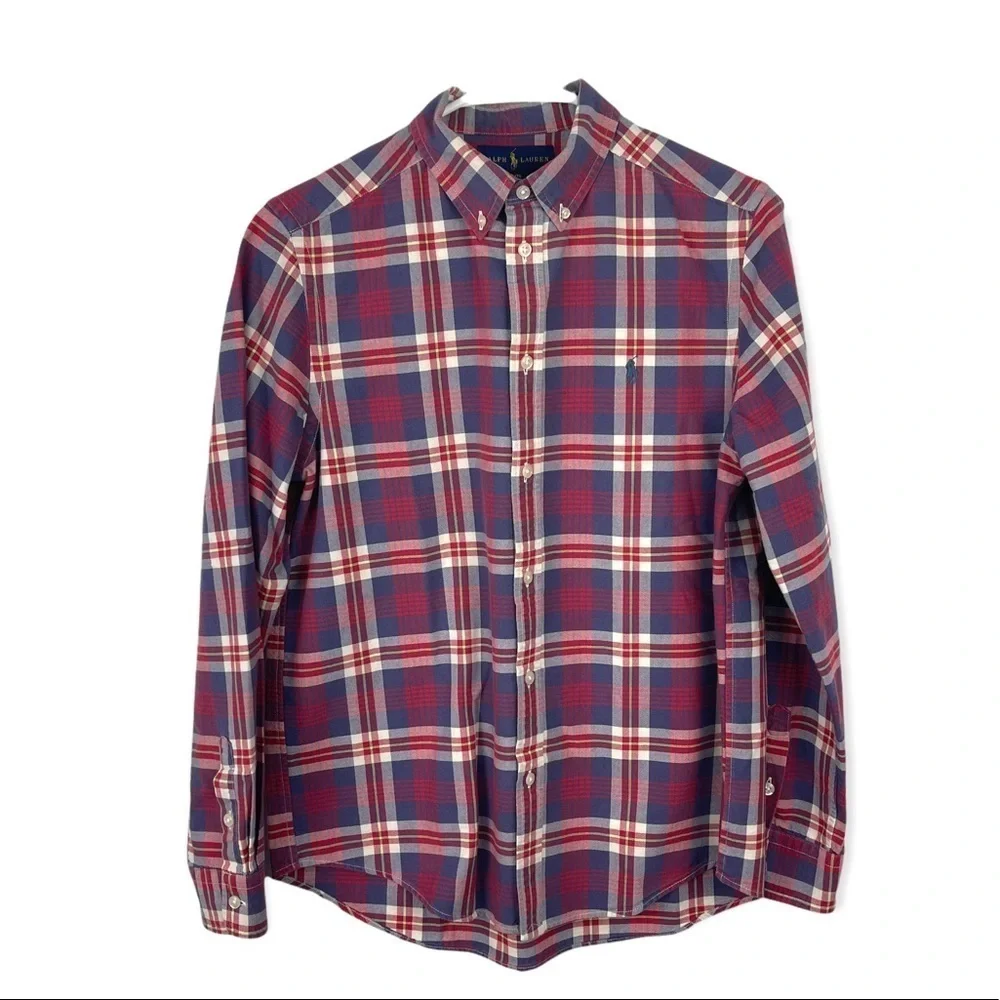 Ralph Lauren 100% Cotton Red, Blue & White Plaid Button Down Dress Shirt Size XL